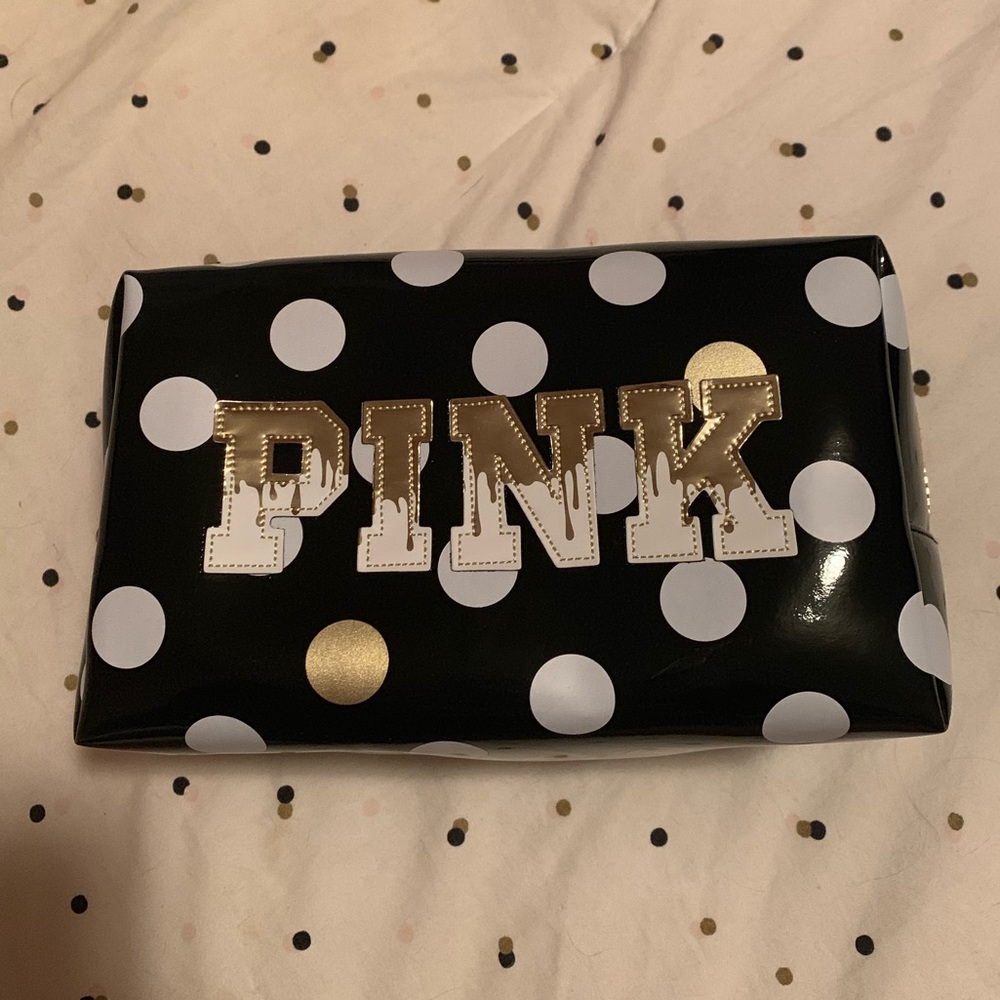polka dotted pink brand makeup bag